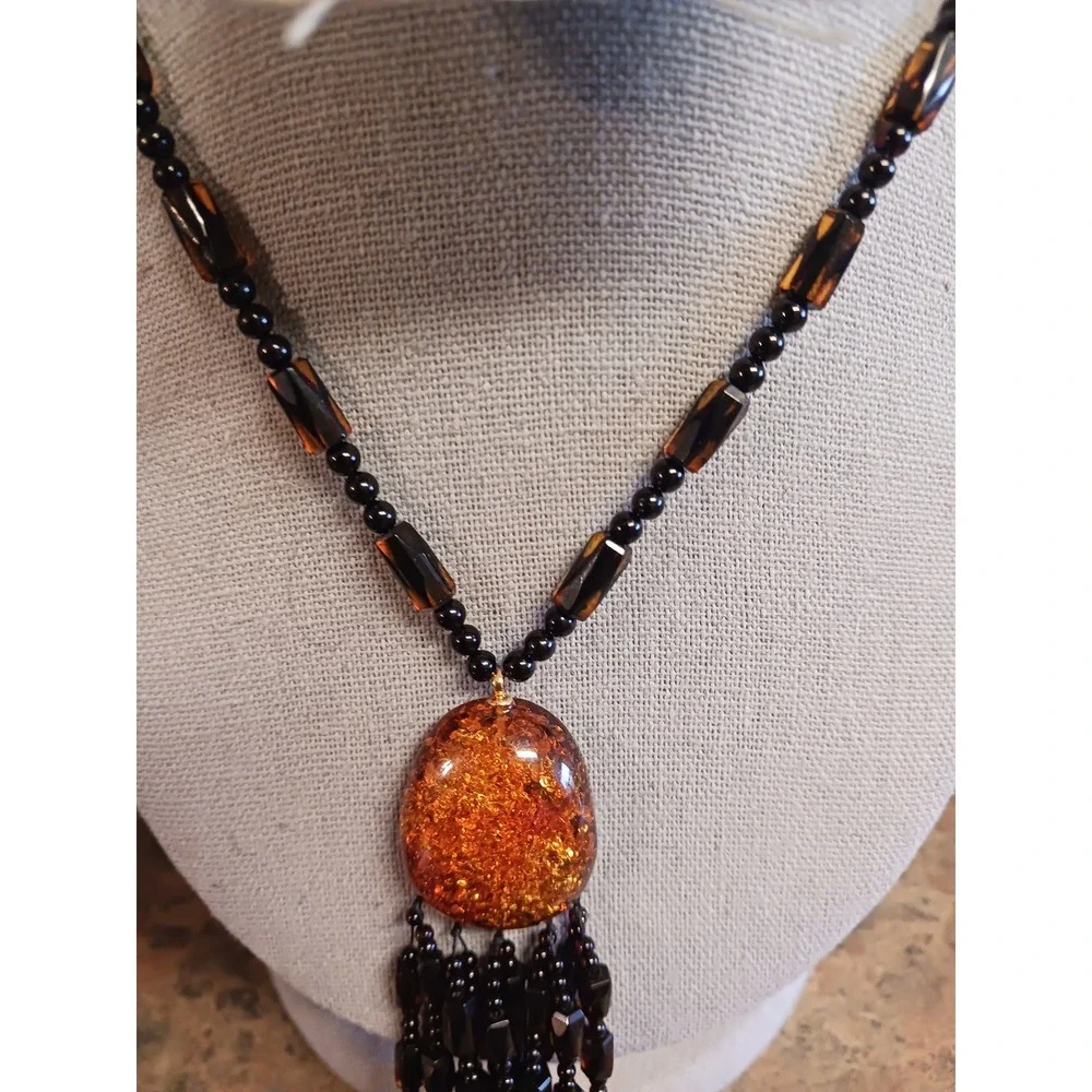 Vintage Amber Tassel Necklace Beaded Fringe Statement Boho Jewelry